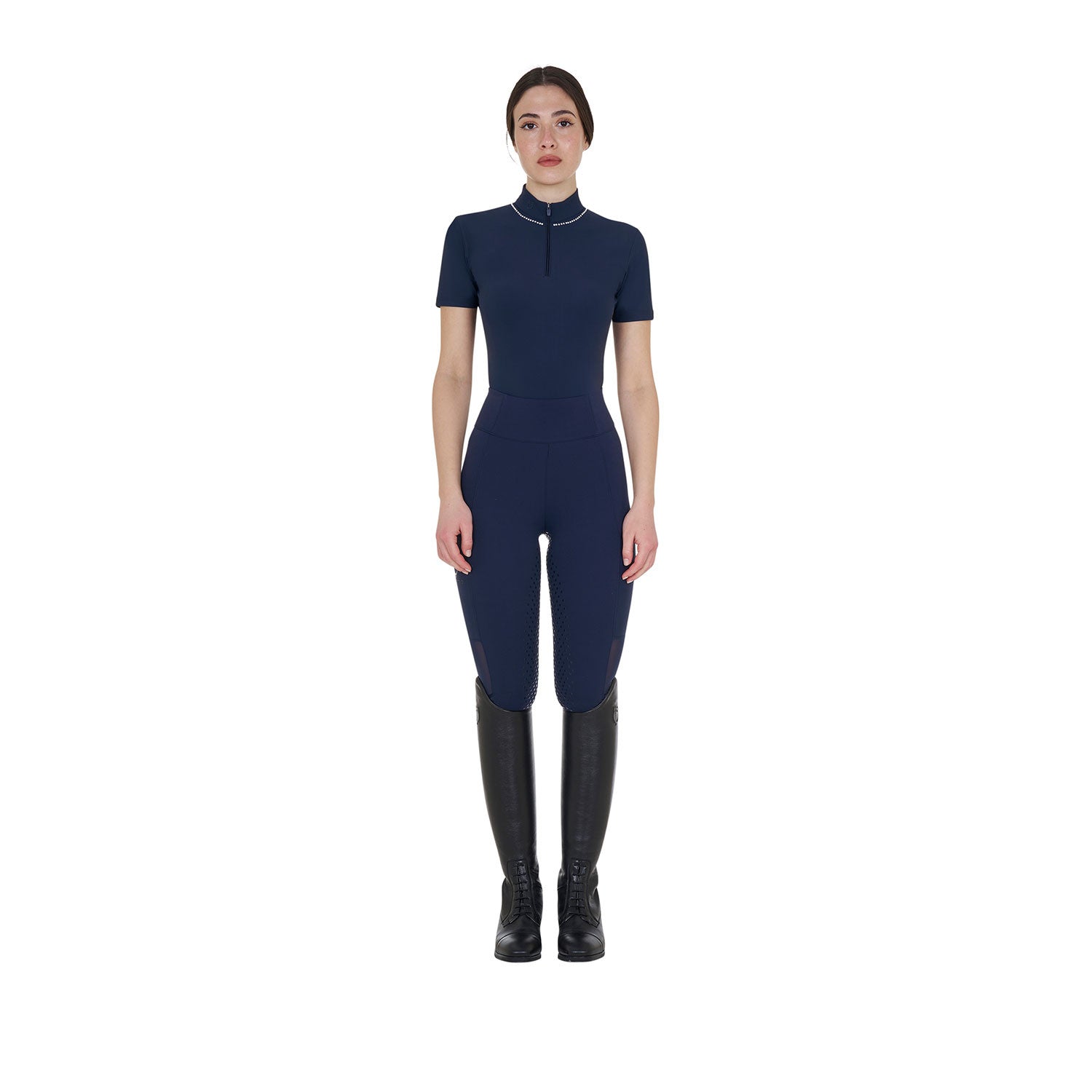 Polo de entrenamiento para mujer slim fit con cremallera y perlas en el cuello Equestro - Navy Blazer