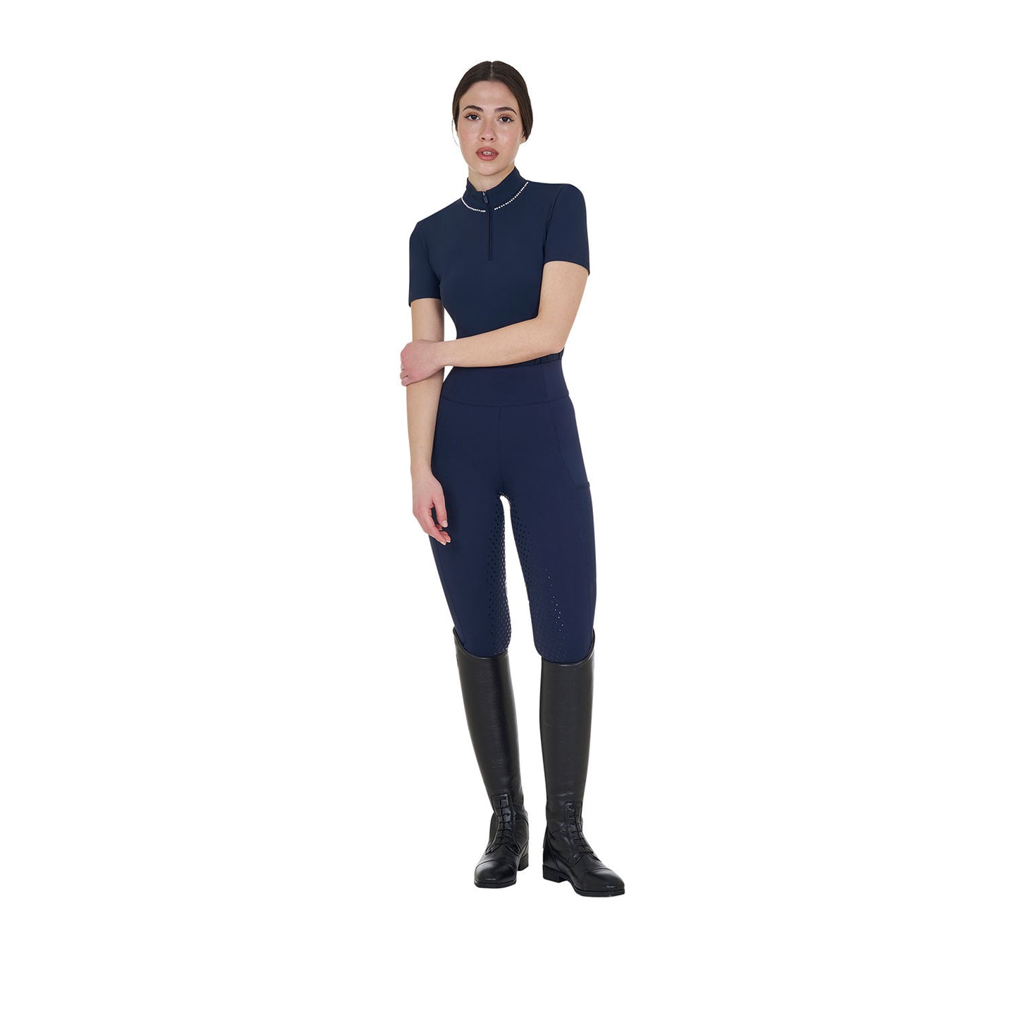 Polo de entrenamiento para mujer slim fit con cremallera y perlas en el cuello Equestro - Navy Blazer