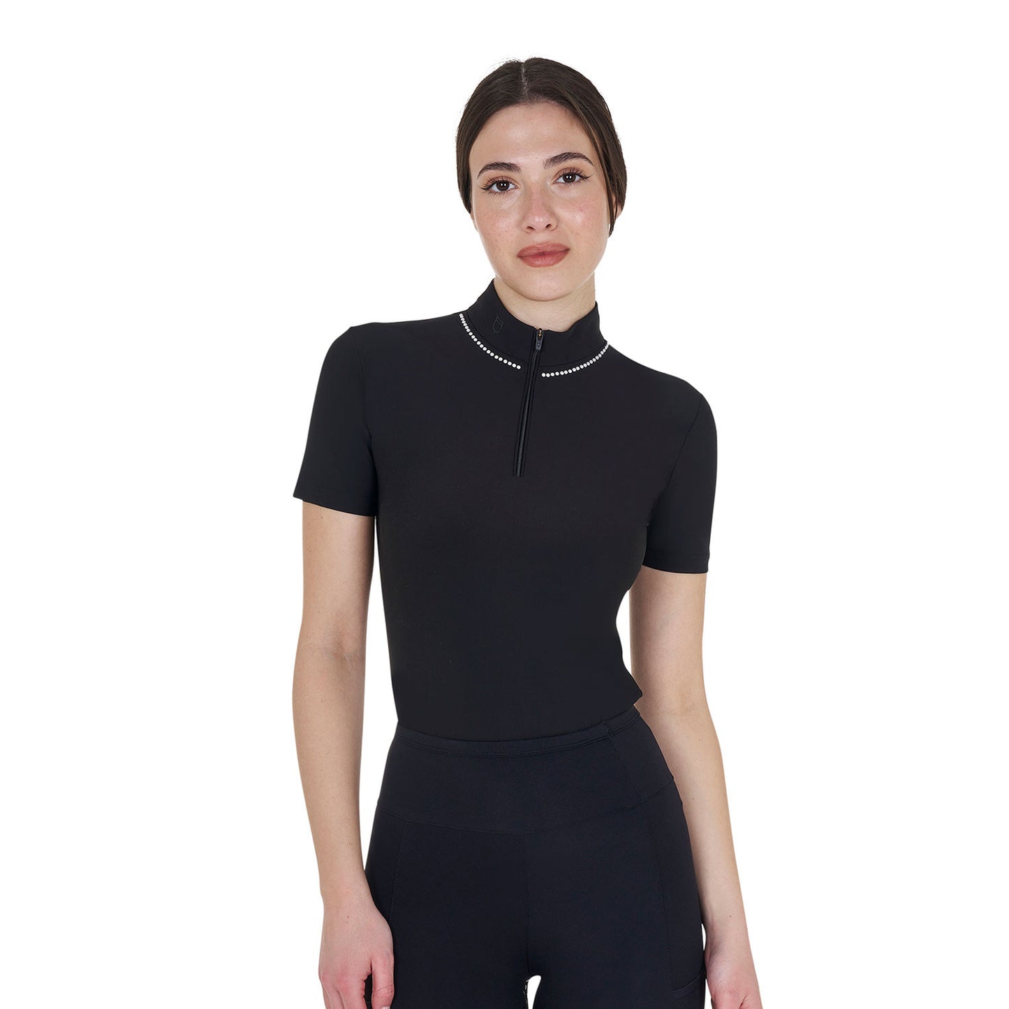 Polo de entrenamiento para mujer slim fit con cremallera y perlas en el cuello Equestro - Negro