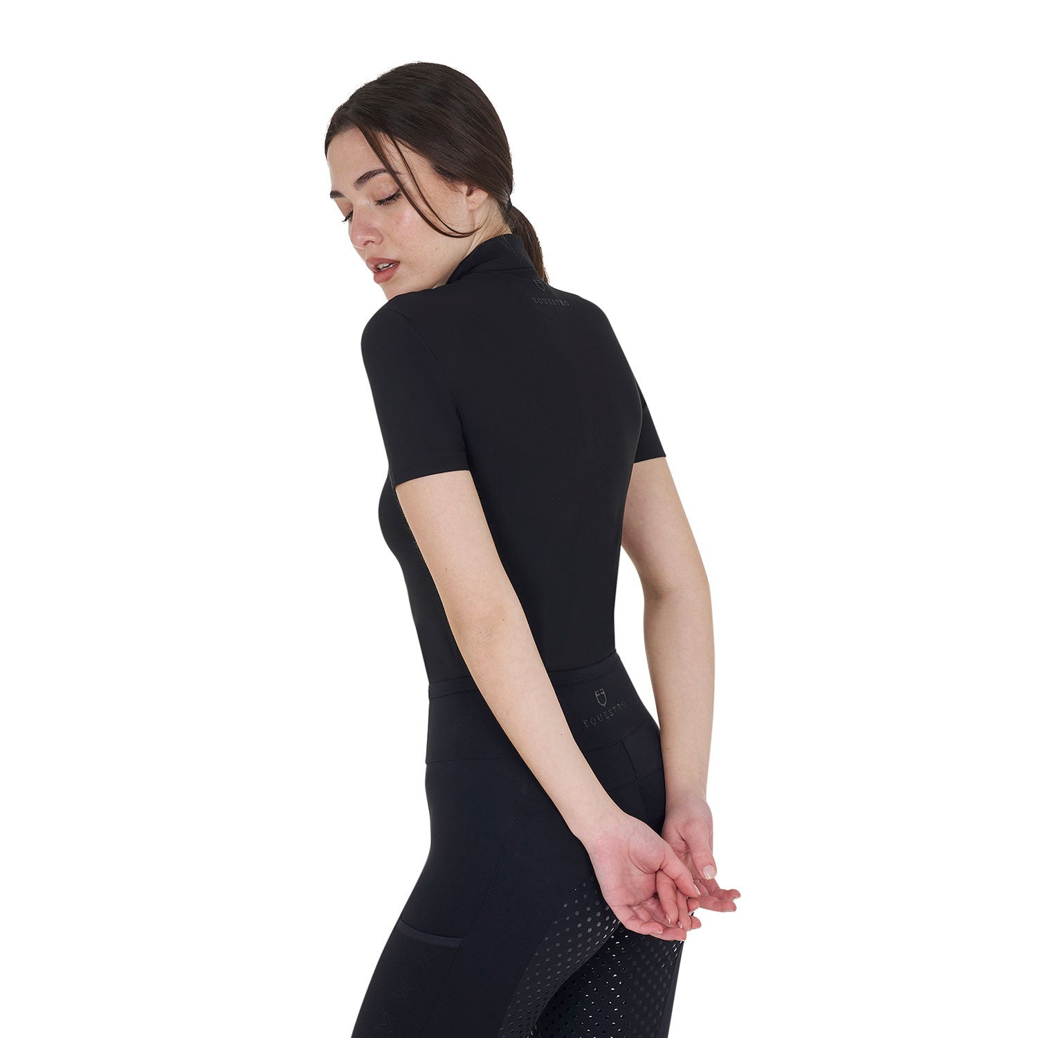 Polo de entrenamiento para mujer slim fit con cremallera y perlas en el cuello Equestro - Negro