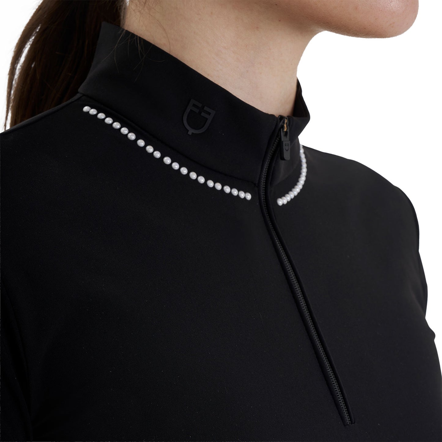Polo de entrenamiento para mujer slim fit con cremallera y perlas en el cuello Equestro - Negro