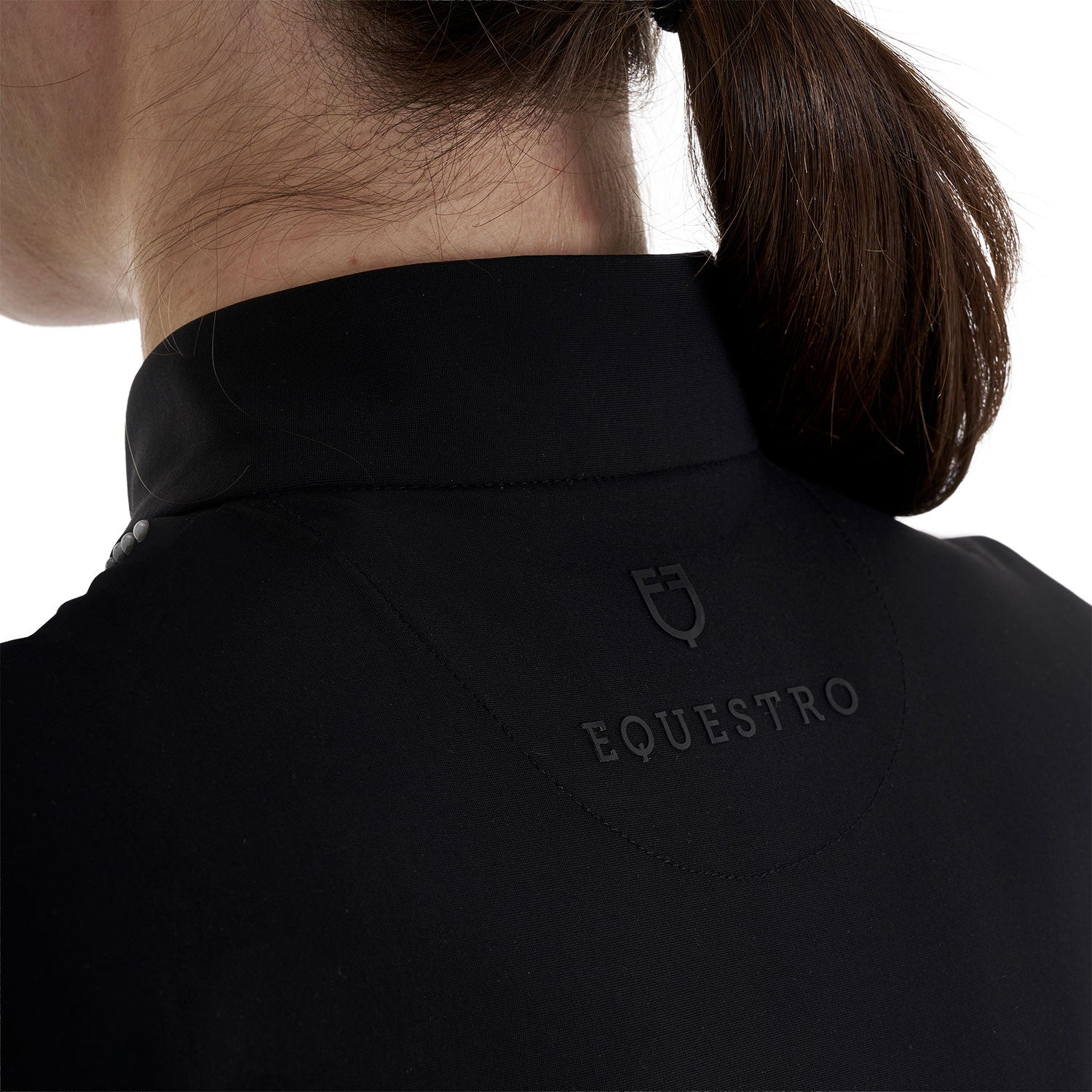 Polo de entrenamiento para mujer slim fit con cremallera y perlas en el cuello Equestro - Negro