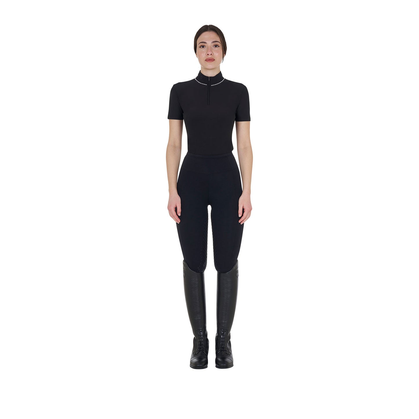 Polo de entrenamiento para mujer slim fit con cremallera y perlas en el cuello Equestro - Negro