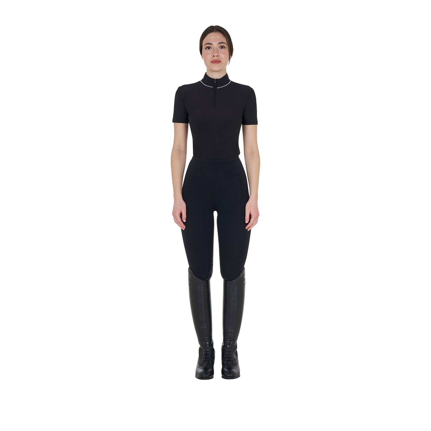 Polo de entrenamiento para mujer slim fit con cremallera y perlas en el cuello Equestro - Negro