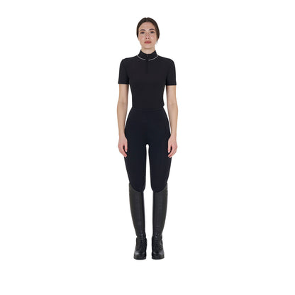 Polo de entrenamiento para mujer slim fit con cremallera y perlas en el cuello Equestro - Negro