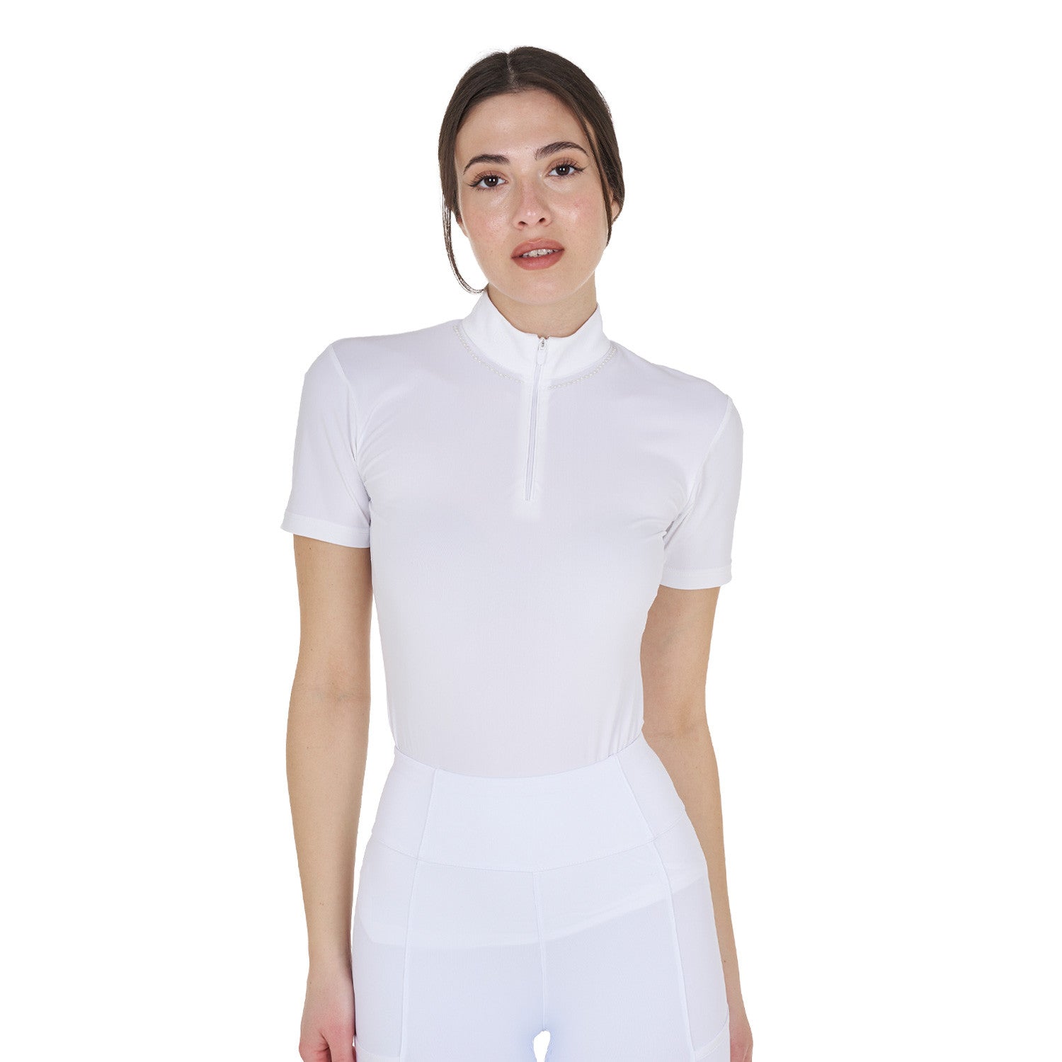 Polo de entrenamiento para mujer slim fit con cremallera y perlas en el cuello Equestro