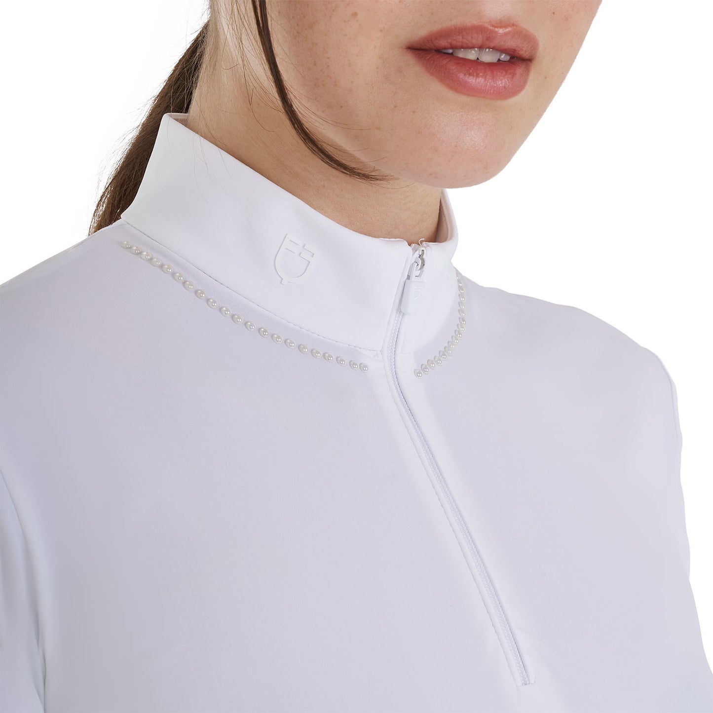 Polo de entrenamiento para mujer slim fit con cremallera y perlas en el cuello Equestro - Blanco