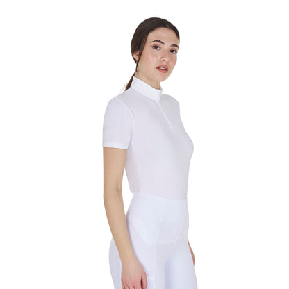 Polo de entrenamiento para mujer slim fit con cremallera y perlas en el cuello Equestro - Blanco