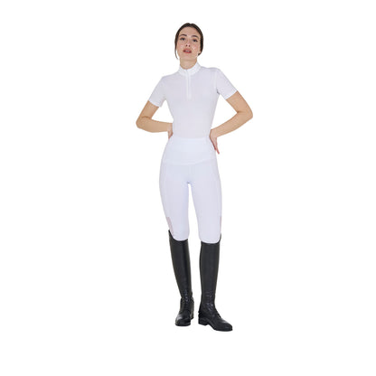 Polo de entrenamiento para mujer slim fit con cremallera y perlas en el cuello Equestro - Blanco