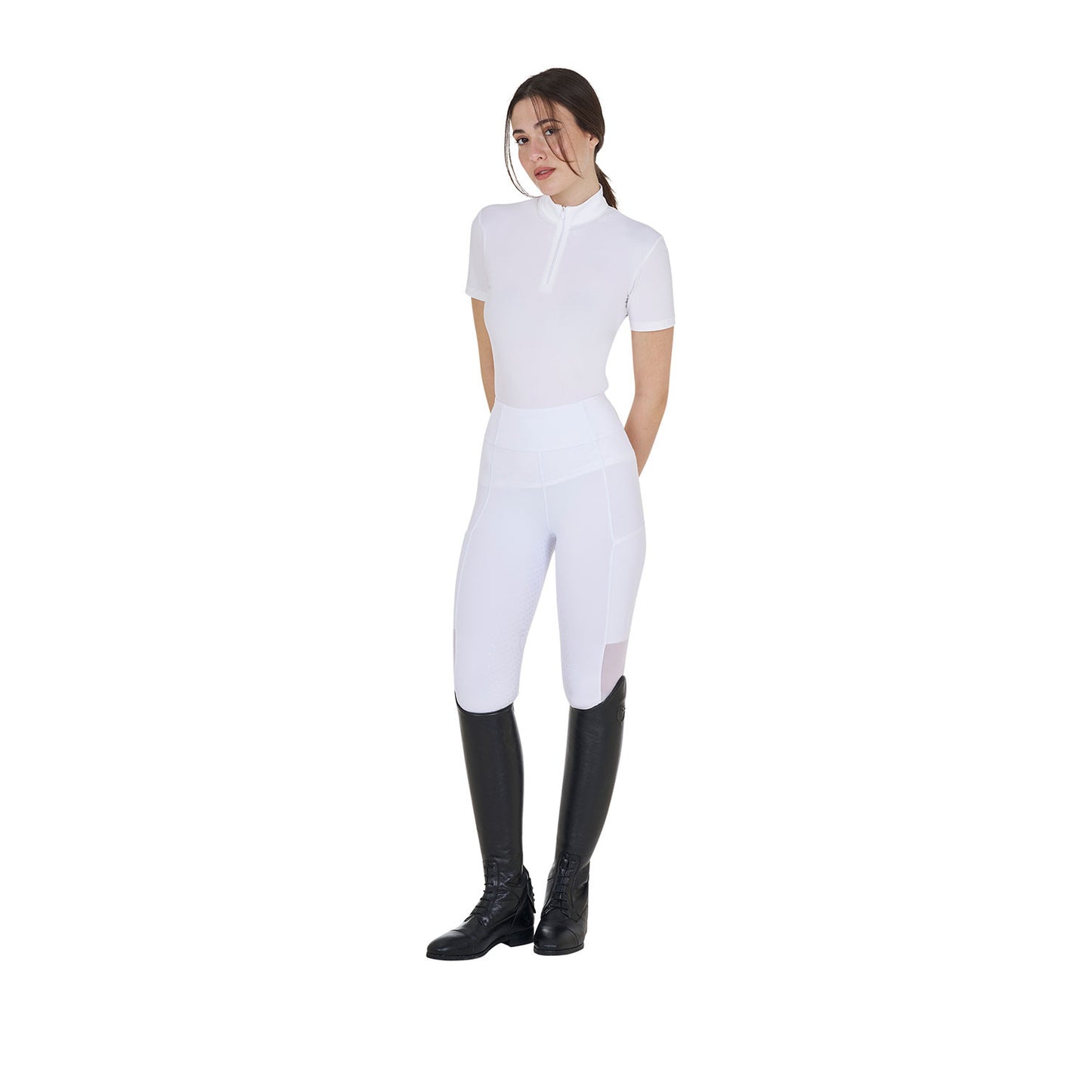 Polo de entrenamiento para mujer slim fit con cremallera y perlas en el cuello Equestro - Blanco
