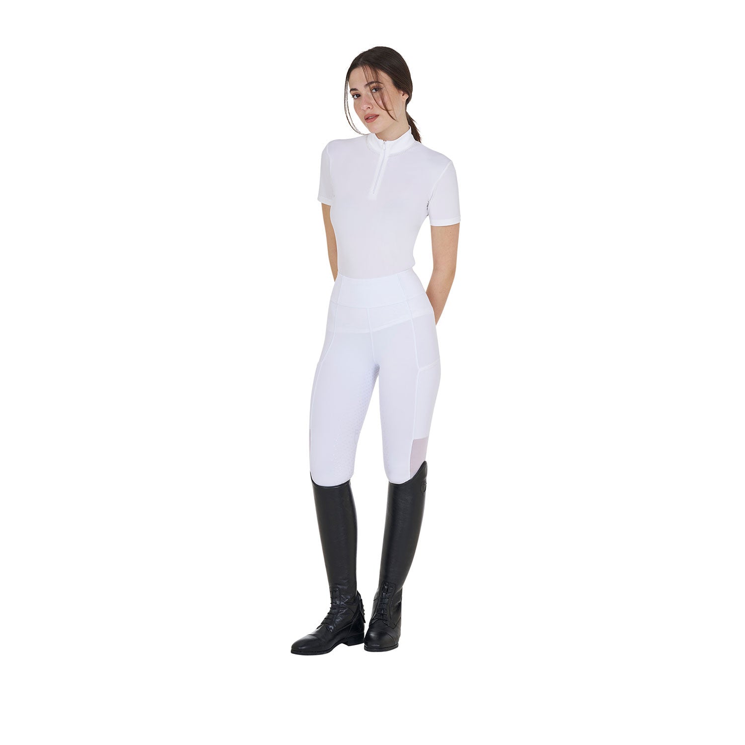 Polo de entrenamiento para mujer slim fit con cremallera y perlas en el cuello Equestro - Blanco