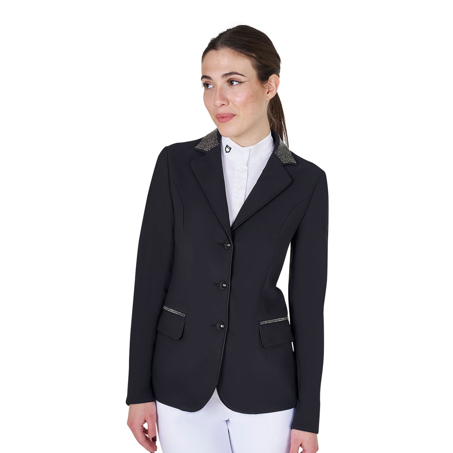 Chaqueta de equitación con strass de la colección Black Label para mujer competición Equestro - Negro
