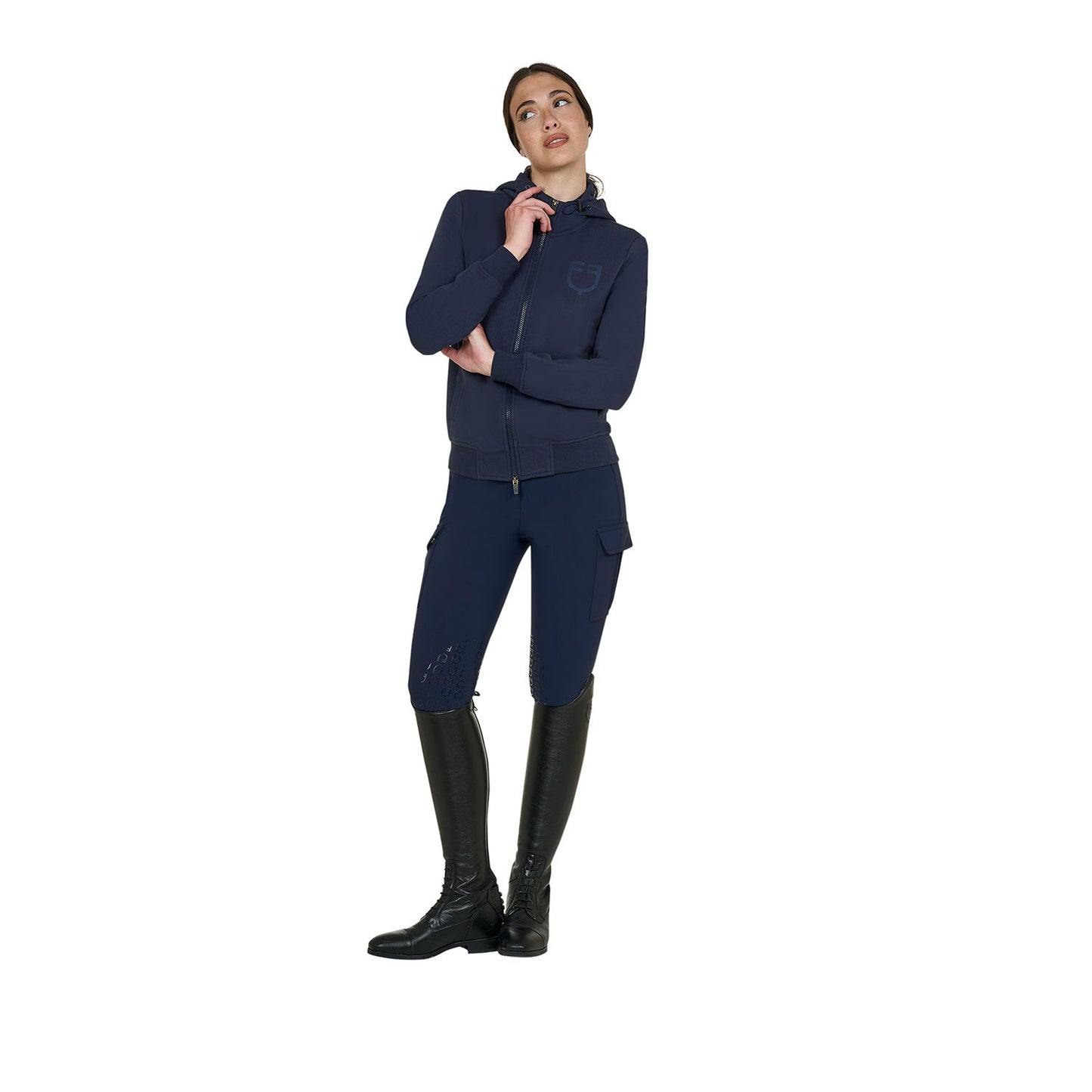 Sudadera de mujer con capucha ajustable y cremallera Equestro - Navy Blazer