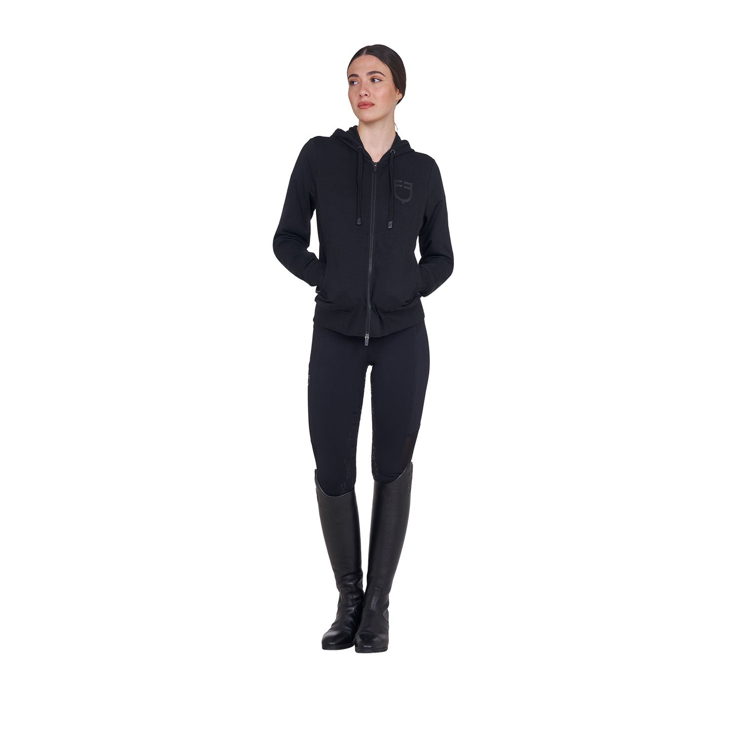 Sudadera de mujer con capucha ajustable y cremallera Equestro - Negro