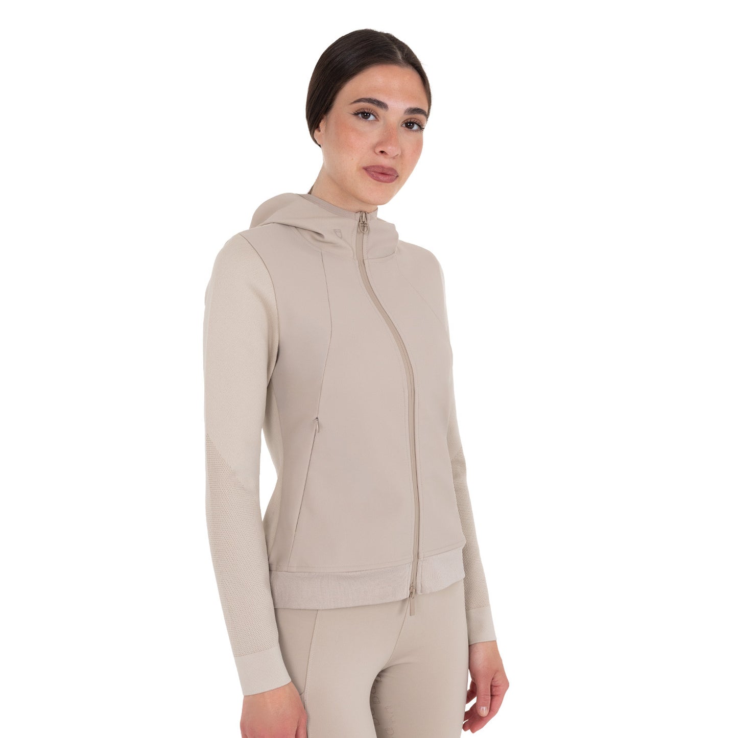 Sudadera técnica de mujer con capucha e insertos de micromalla Equestro - Oxford Tan