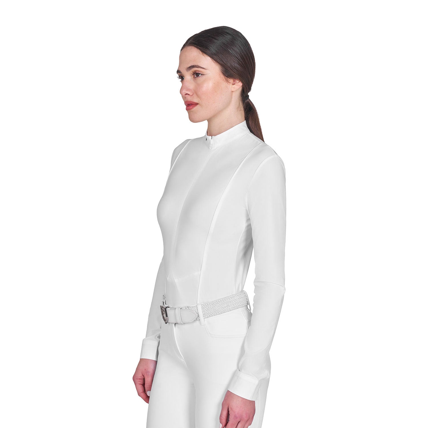 Polo de mujer de concurso de manga larga y cremallera Equestro - Blanco