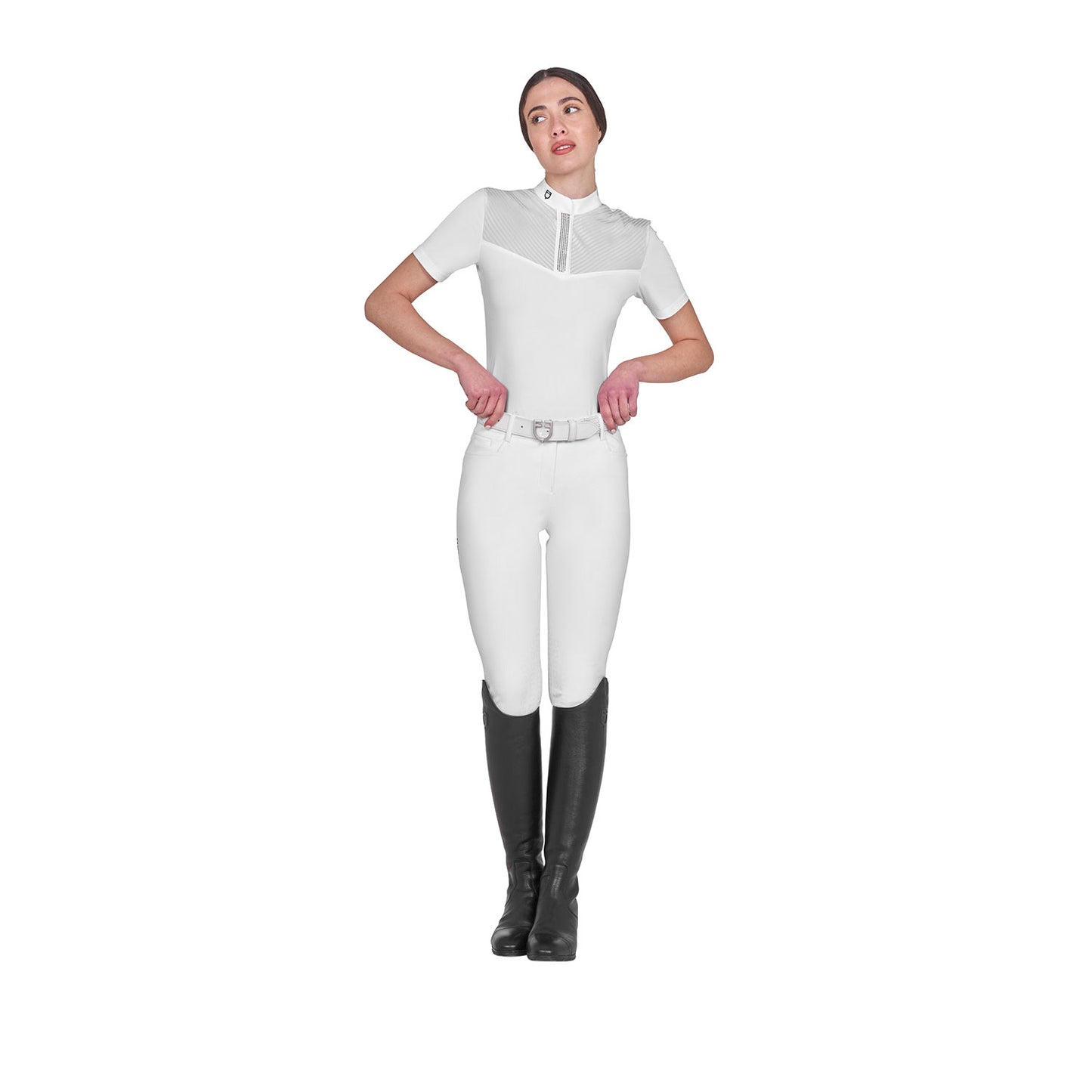 Polo concurso mujer slim fit con insertos en tejido tipo seda Equestro - Blanco