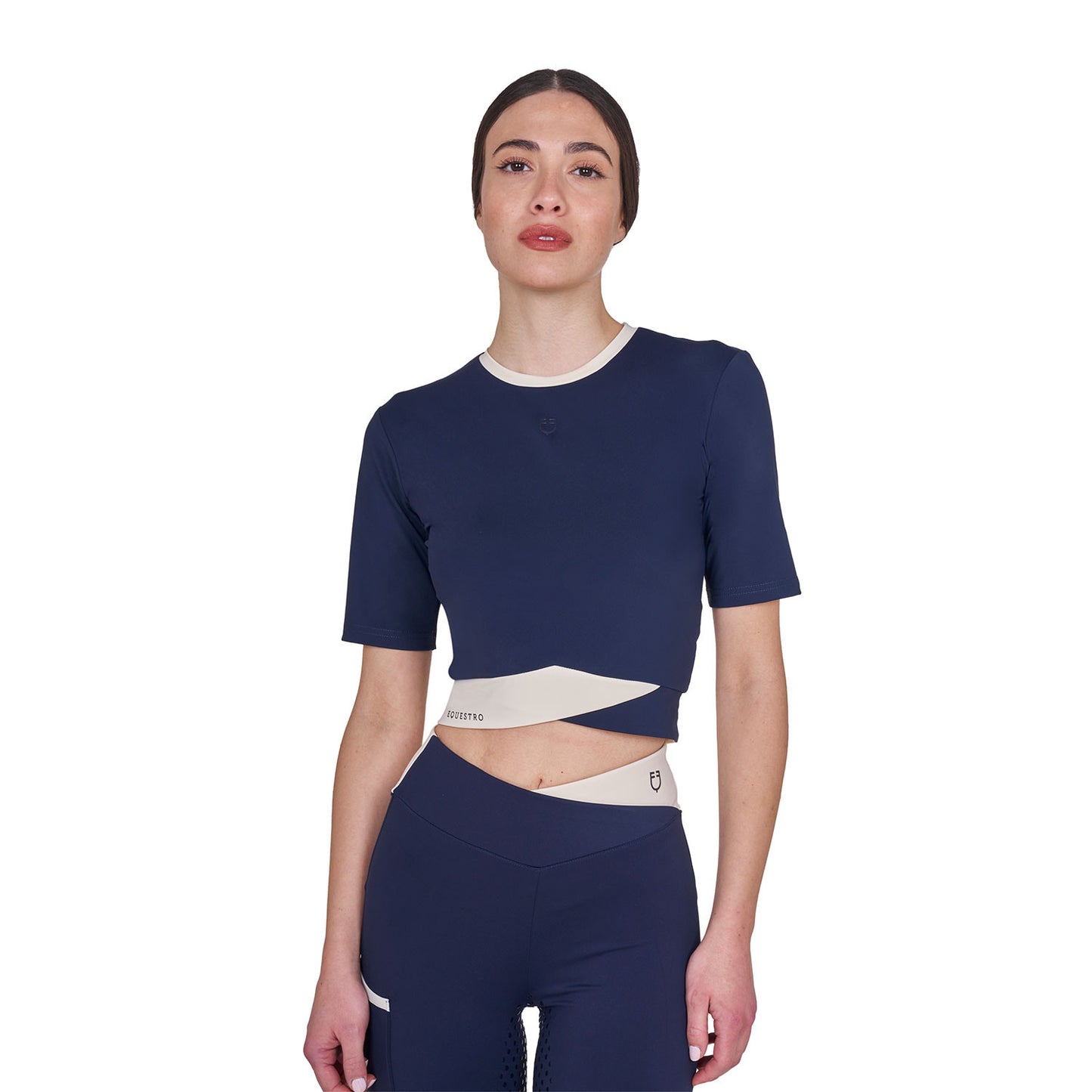 Camiseta crop de mujer en tejido técnico Equestro - Navy Blazer (18-3923)/Antique White