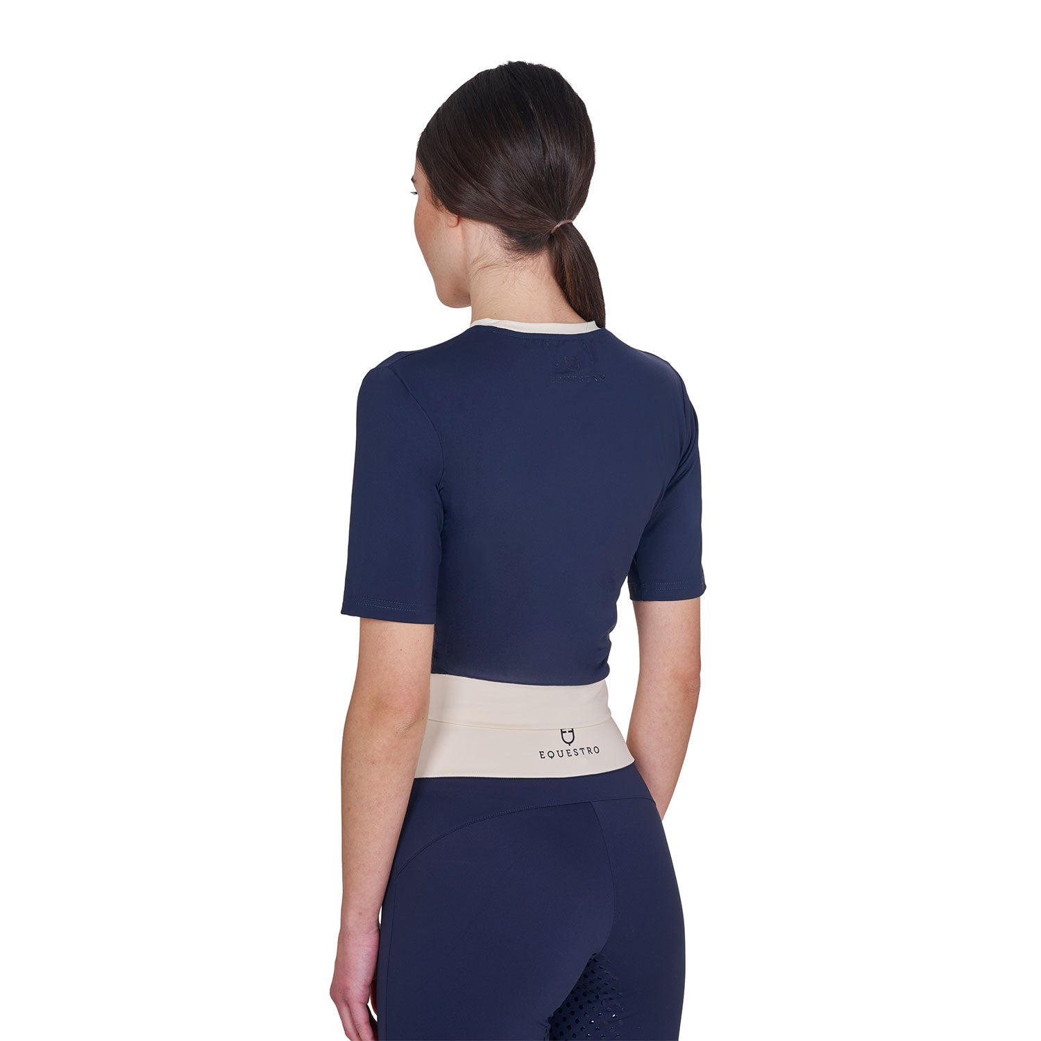 Camiseta crop de mujer en tejido técnico Equestro - Navy Blazer (18-3923)/Antique White
