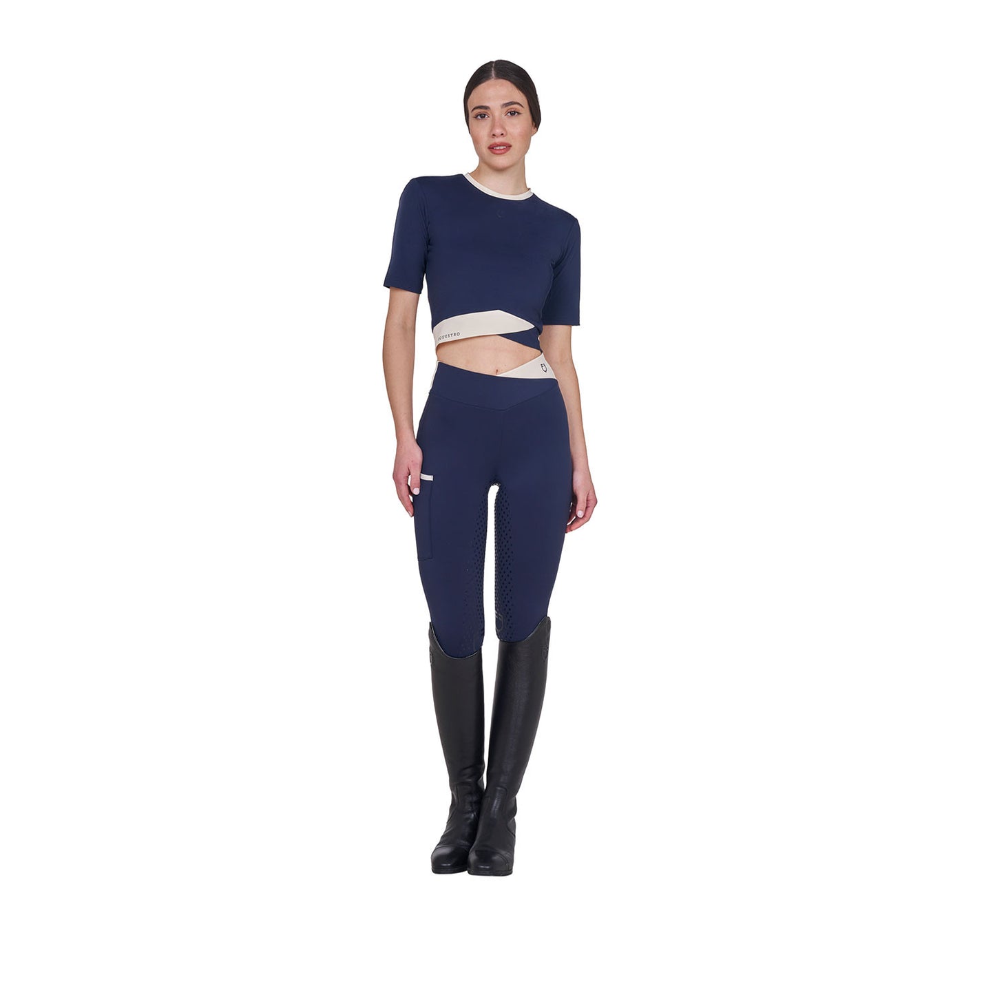 Camiseta crop de mujer en tejido técnico Equestro - Navy Blazer (18-3923)/Antique White