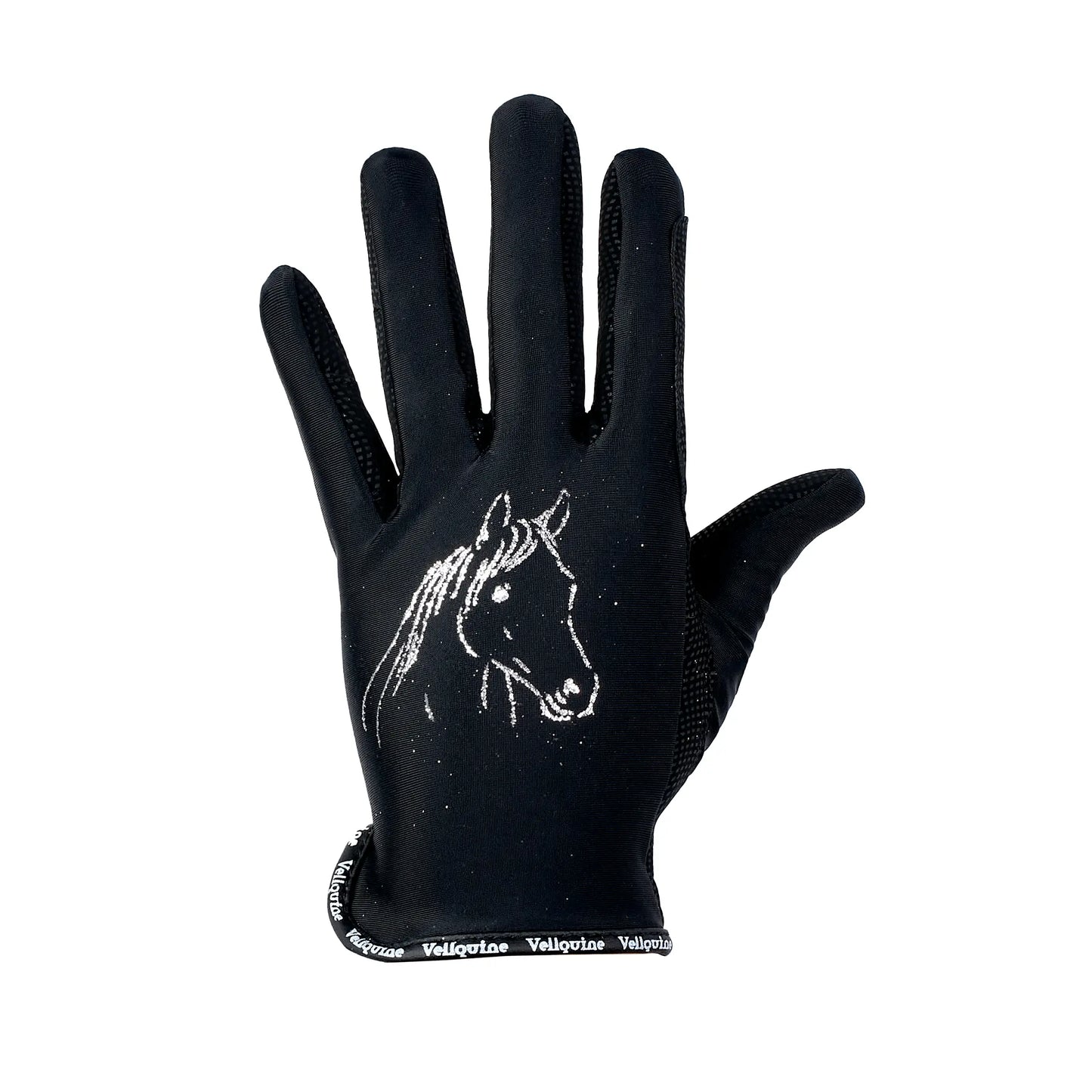 Guantes de equitación para niños Vellquine Kids en color negro, con diseño ergonómico, material elástico y dibujo de caballo.