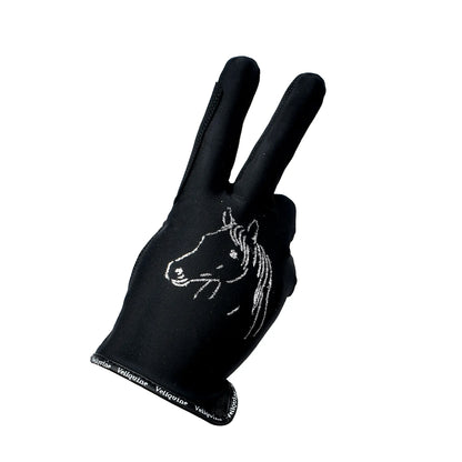 Guantes Vellquine Kids en negro con diseño temático de caballo, ideales para niños que buscan comodidad y estilo en la equitación.