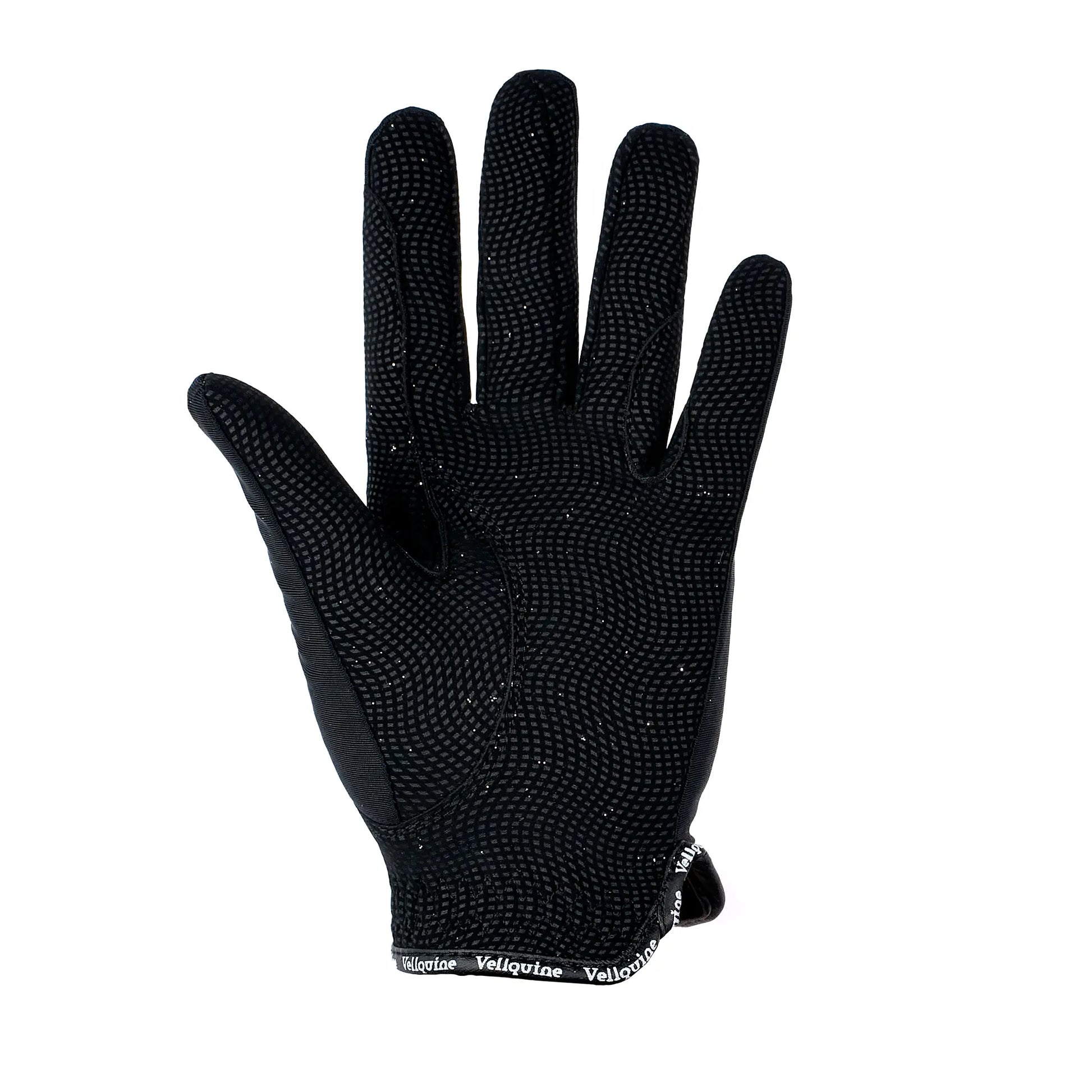 Palma de los guantes Vellquine Kids negros, diseñada para proporcionar comodidad y un control seguro de las riendas.