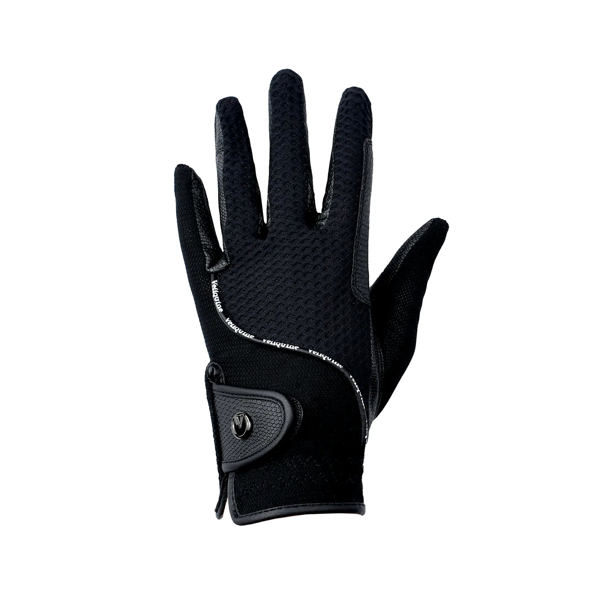 Guantes de equitación Vellquine Summer en color negro, fabricados con Serino-KT, malla Honeycomb y Air Vented Mesh para una ventilación óptima y ajuste perfecto.