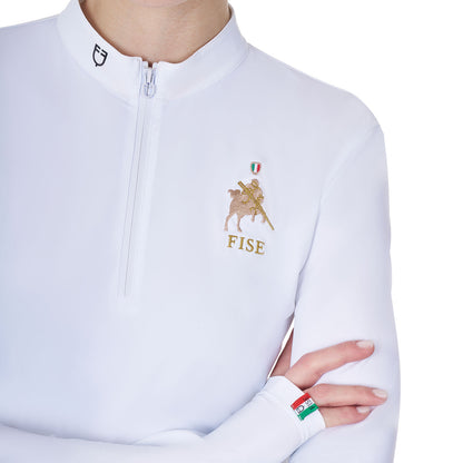 Polo de mujer de concurso de manga larga Equestro X FISE - Blanco