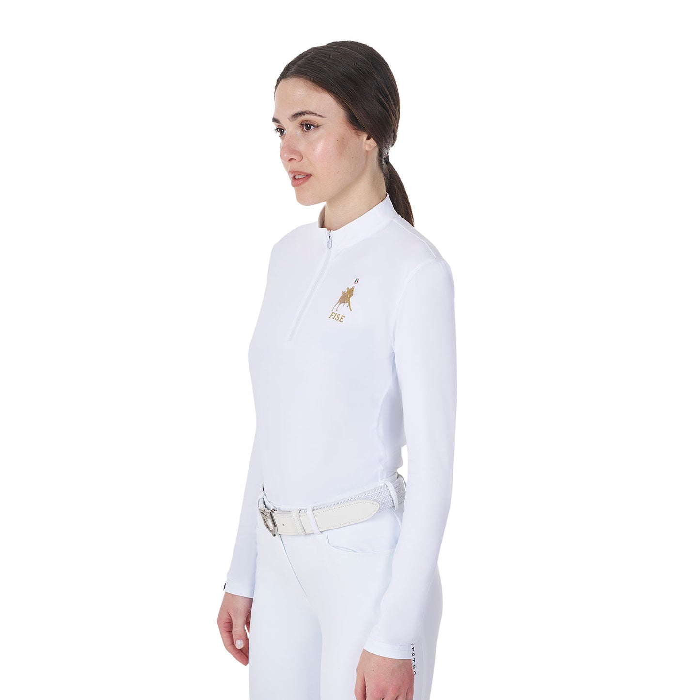 Polo de mujer de concurso de manga larga Equestro X FISE - Blanco
