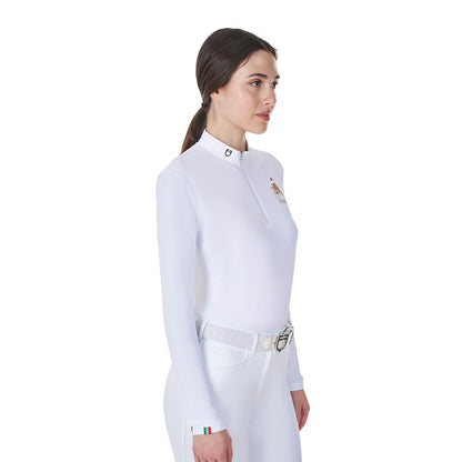 Polo de mujer de concurso de manga larga Equestro X FISE - Blanco