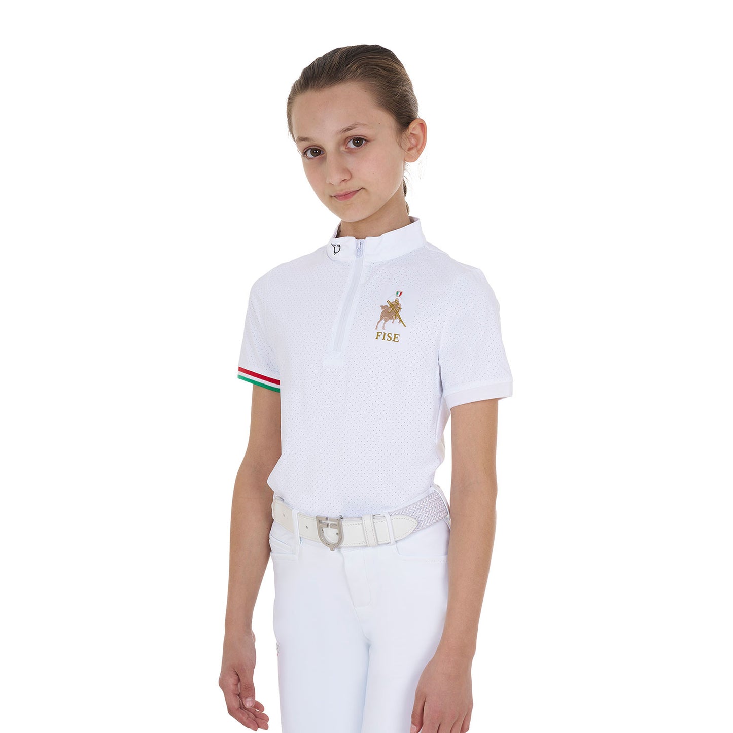 Polo de niña de concurso con cremallera Equestro X FISE - Blanco