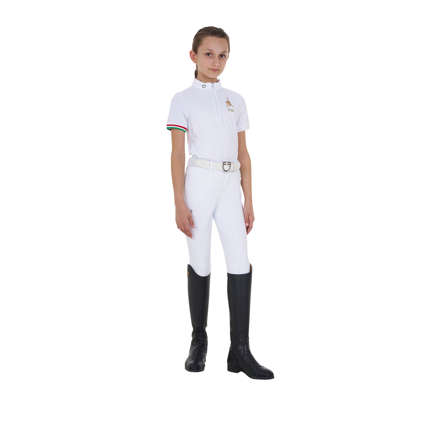 Polo de niña de concurso con cremallera Equestro X FISE - Blanco