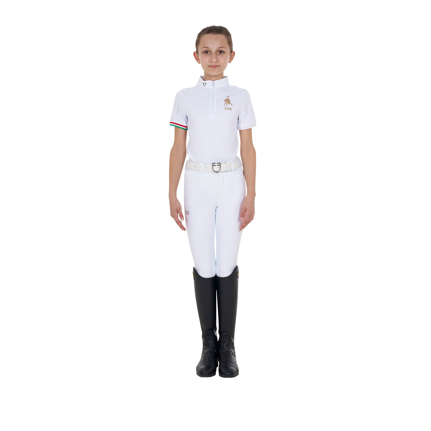 Polo de niña de concurso con cremallera Equestro X FISE - Blanco