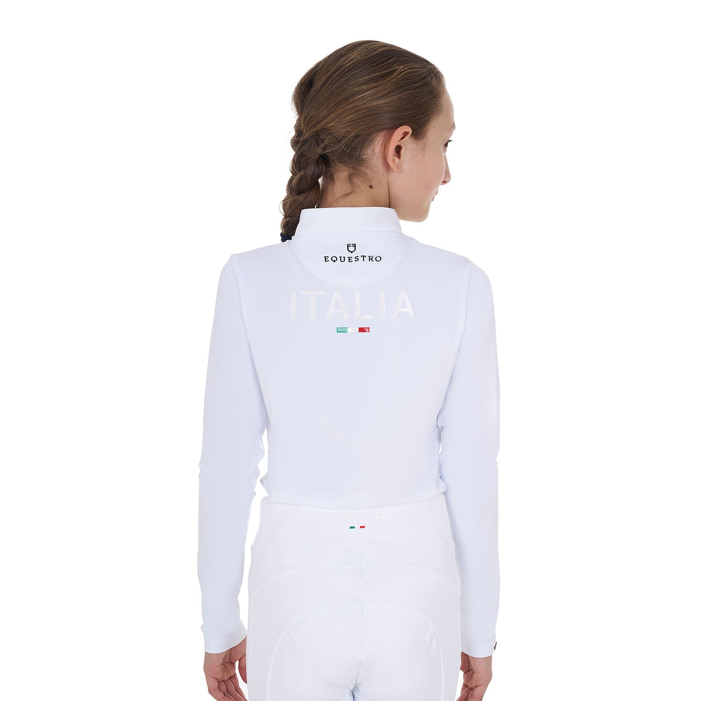 Polo de niña de concurso de manga larga Equestro X FISE - Blanco