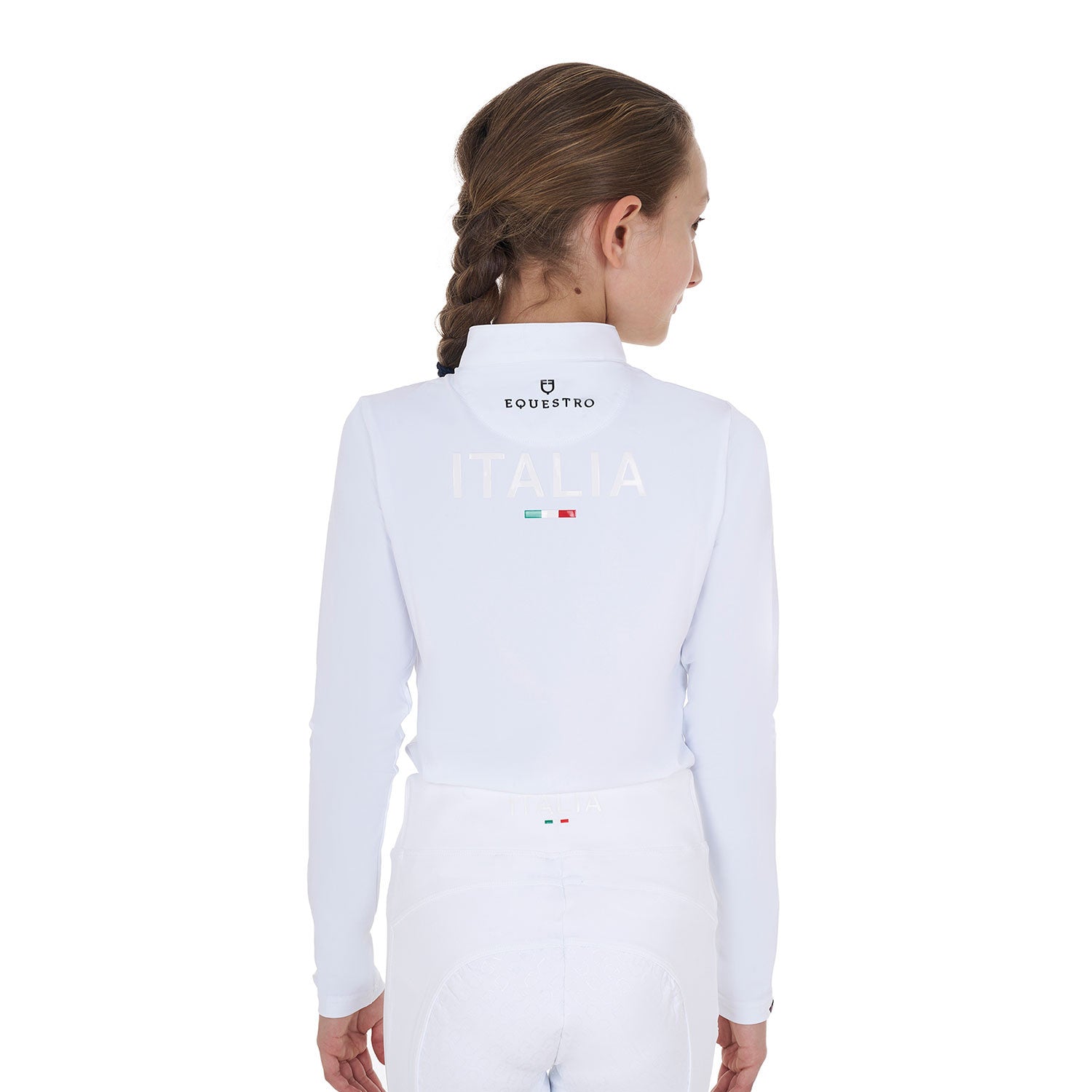 Polo de niña de concurso de manga larga Equestro X FISE - Blanco
