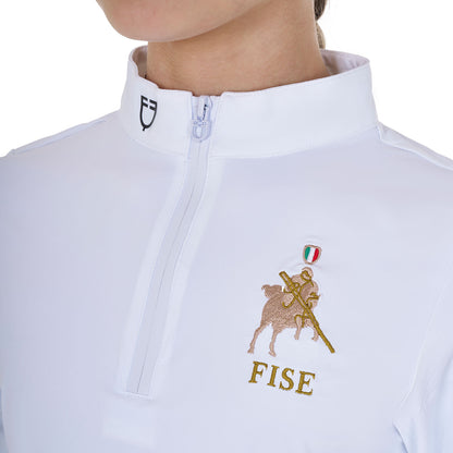 Polo de niña de concurso de manga larga Equestro X FISE - Blanco