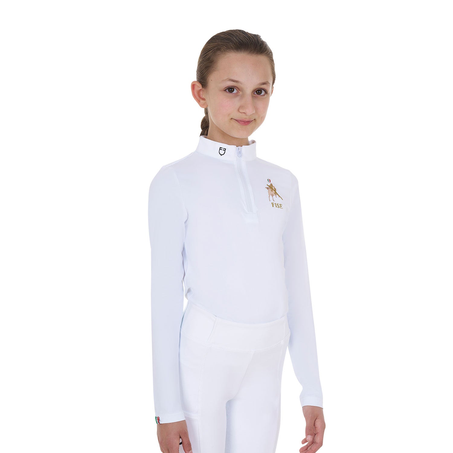 Polo de niña de concurso de manga larga Equestro X FISE - Blanco