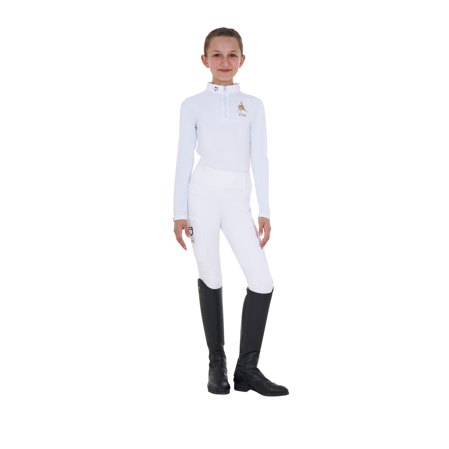 Polo de niña de concurso de manga larga Equestro X FISE - Blanco