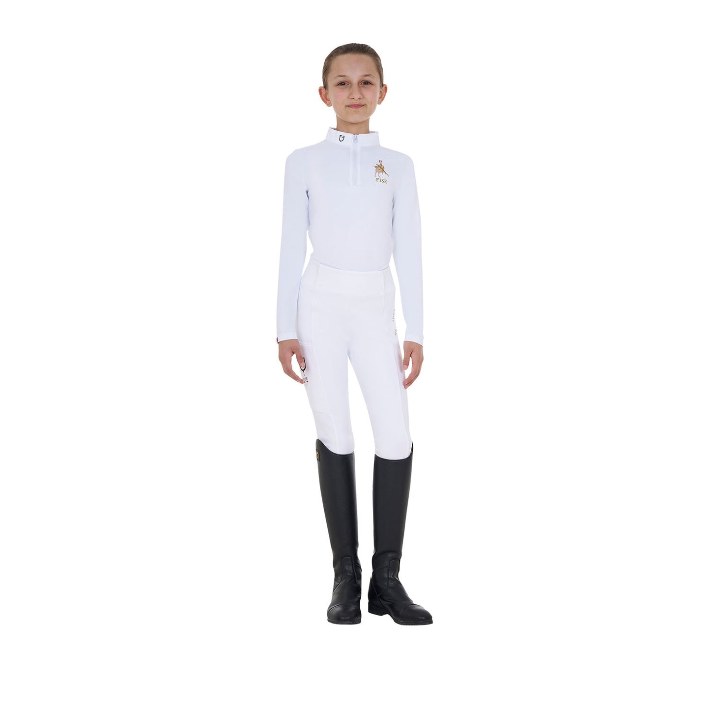 Polo de niña de concurso de manga larga Equestro X FISE - Blanco