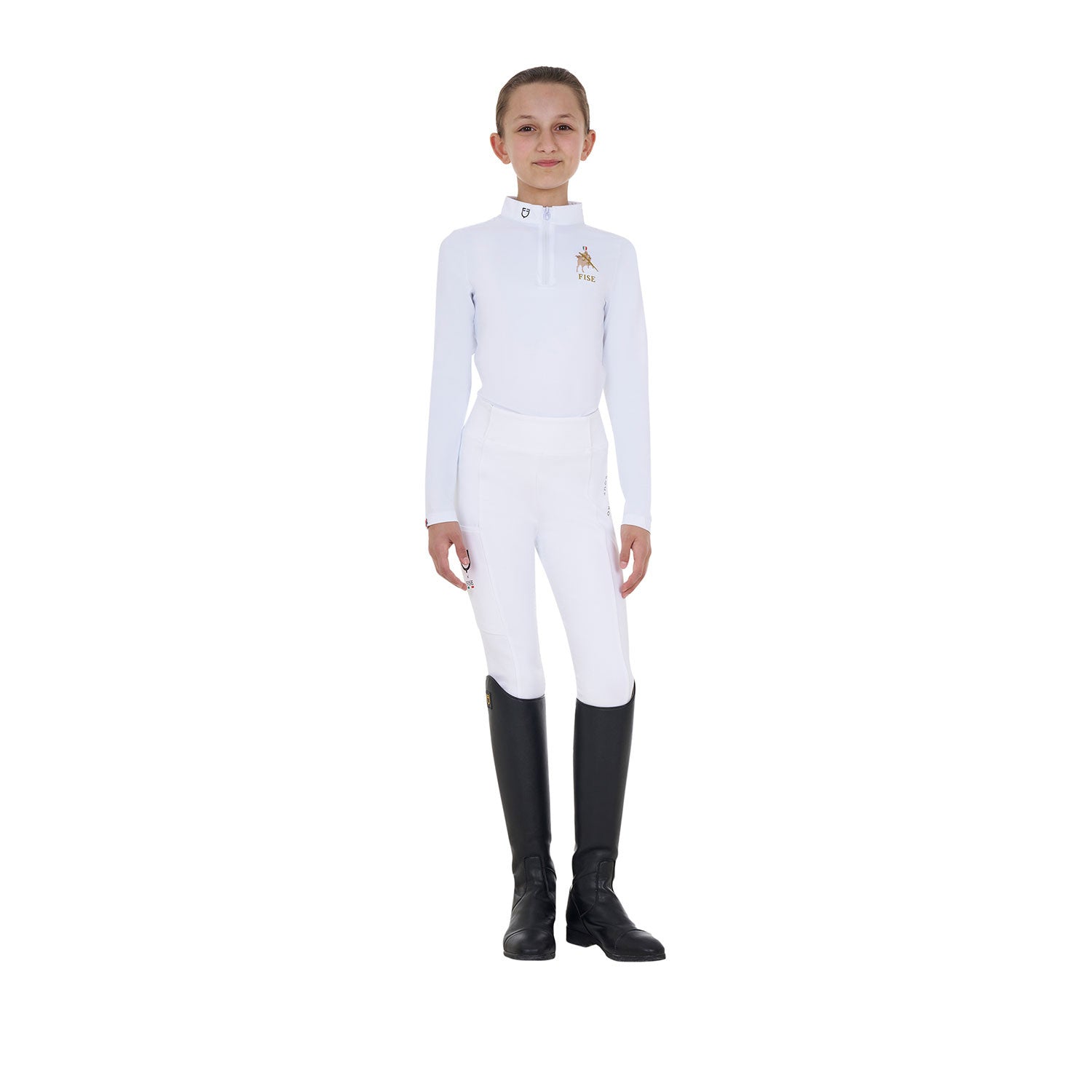 Polo de niña de concurso de manga larga Equestro X FISE - Blanco