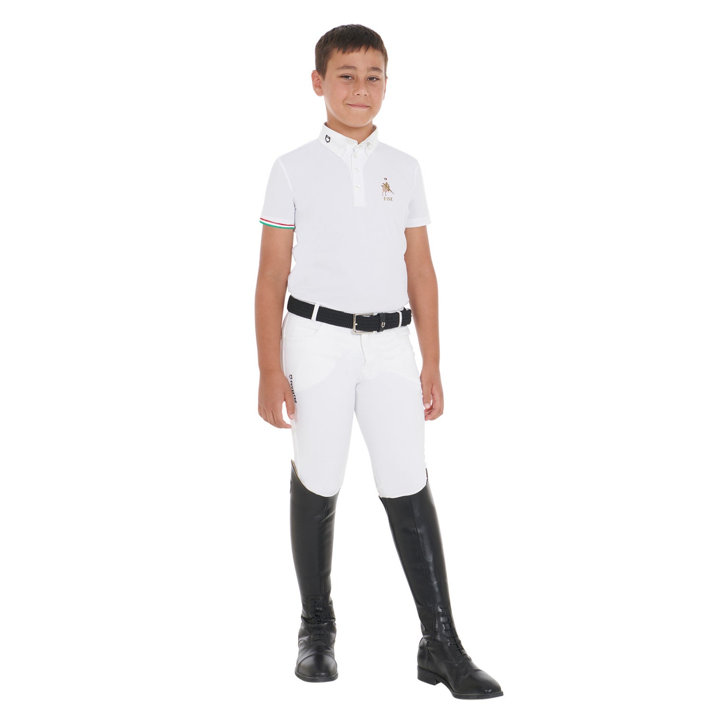 Polo para niño de concurso cuatro botones Equestro X FISE - Blanco