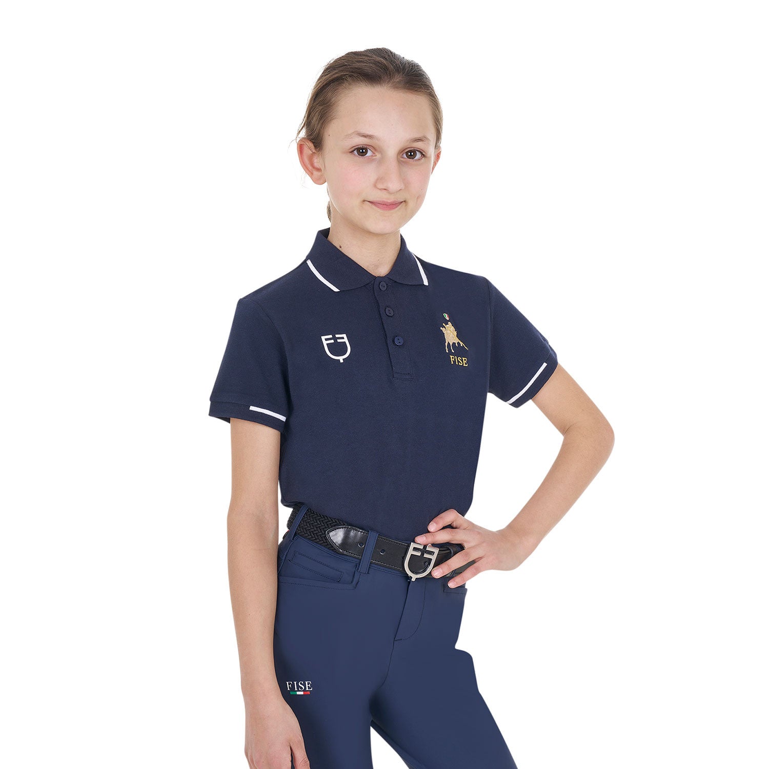 Polo unisex para niños en tejido técnico Equestro X FISE - Navy Blazer