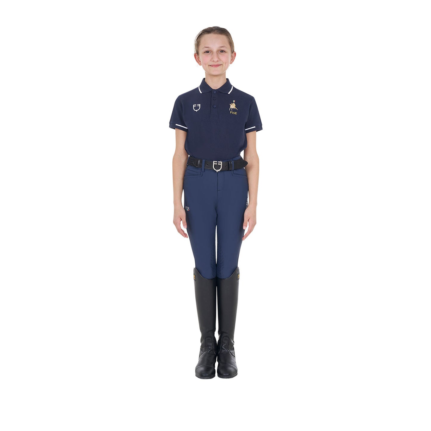 Polo unisex para niños en tejido técnico Equestro X FISE - Navy Blazer