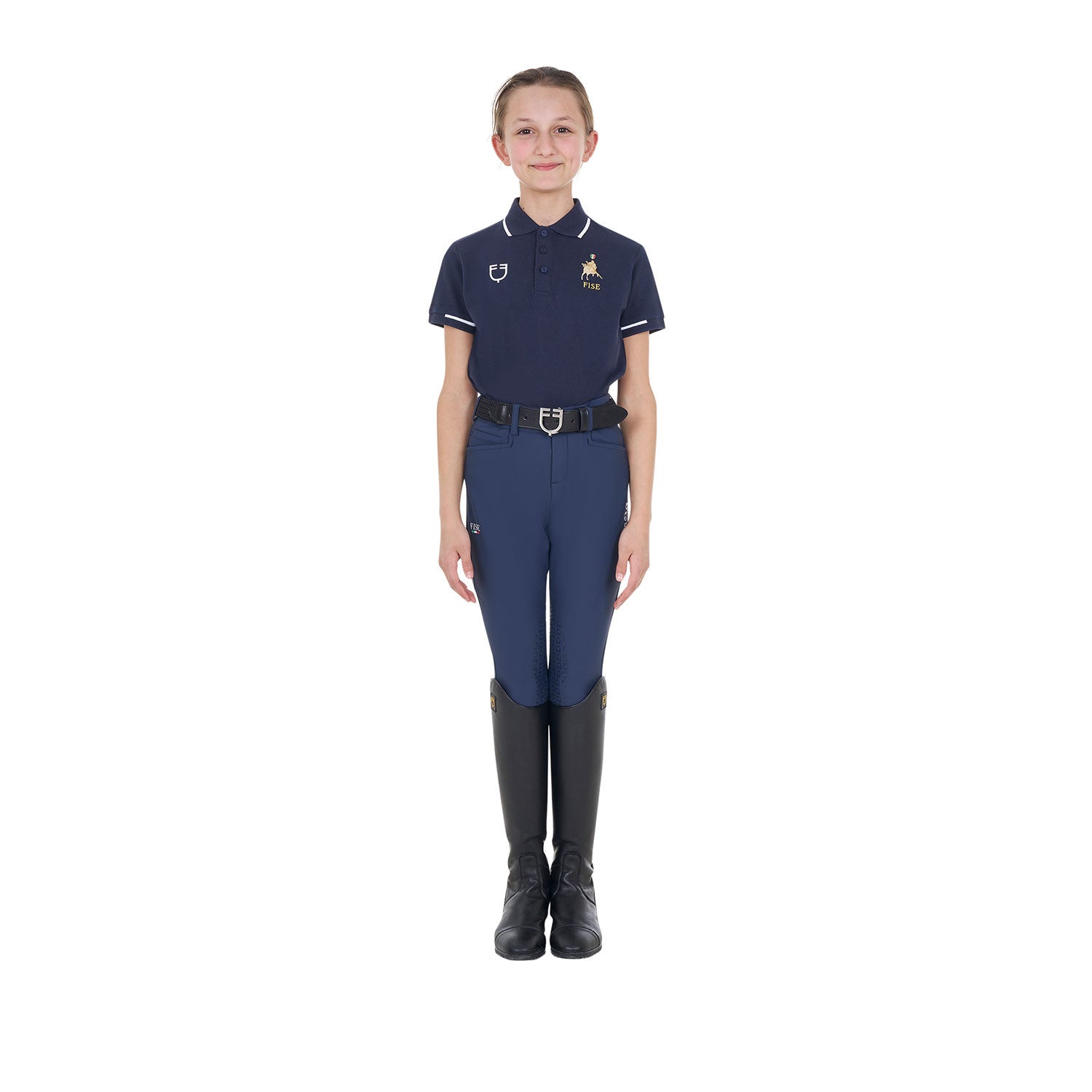 Polo unisex para niños en tejido técnico Equestro X FISE - Navy Blazer