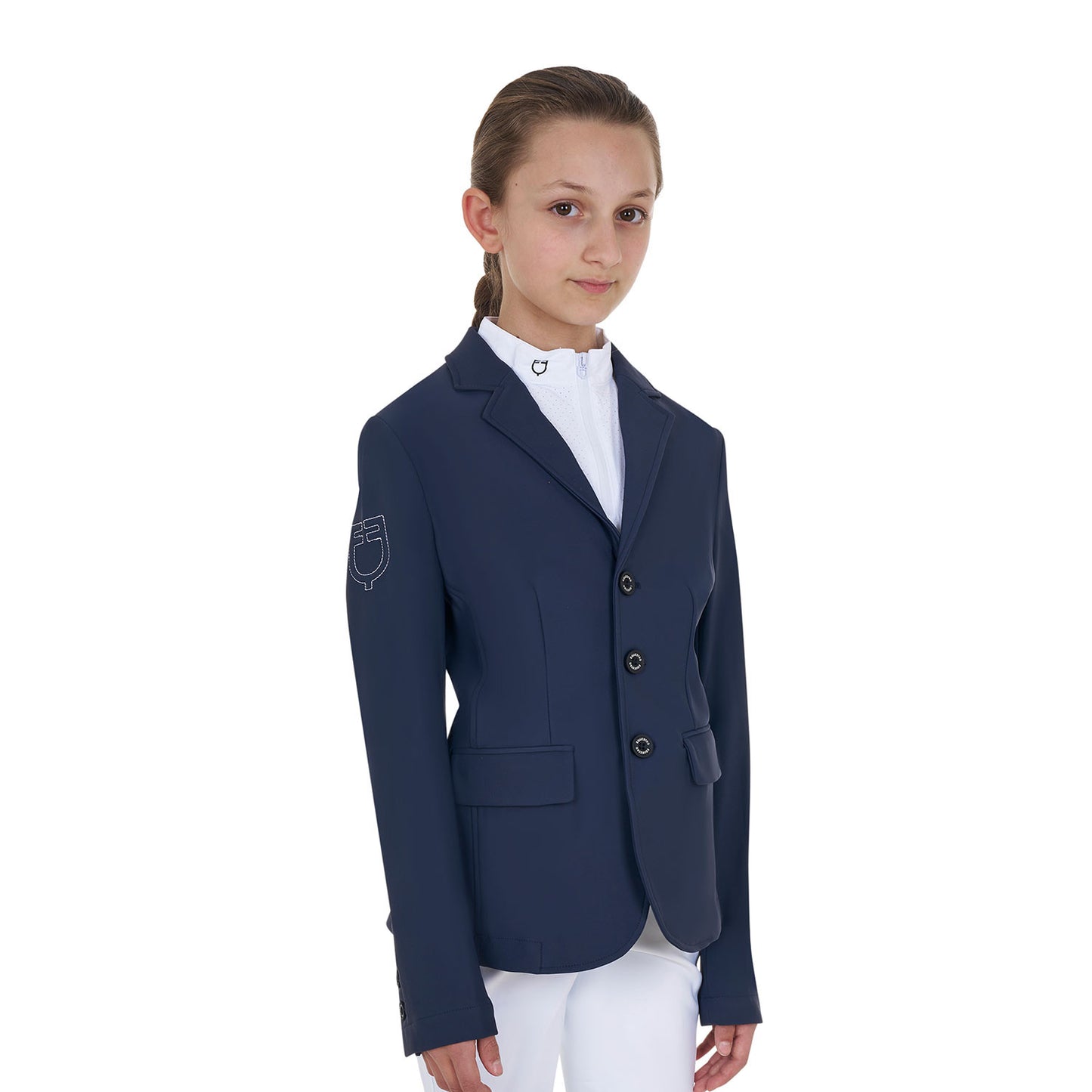 Chaqueta unisex infantil de concurso tres botones Equestro X FISE - Navy Blazer