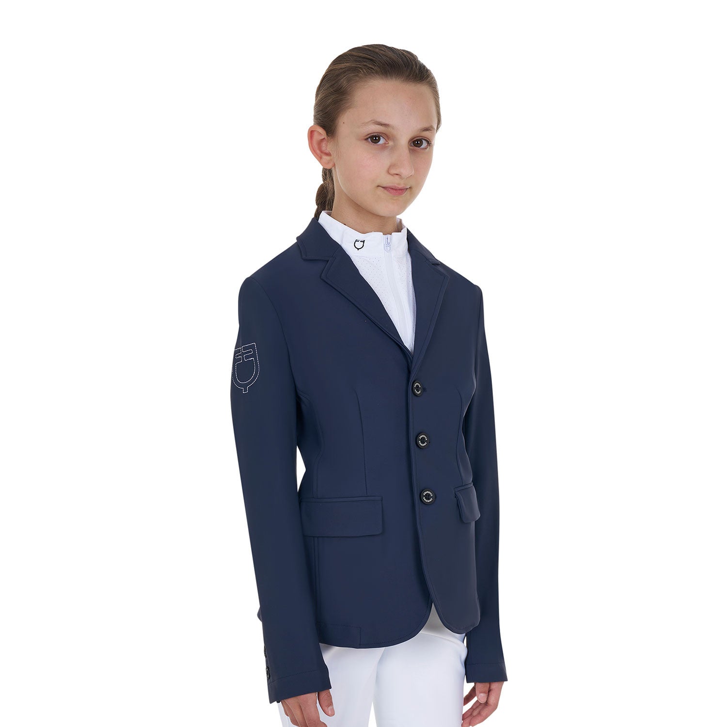 Chaqueta unisex infantil de concurso tres botones Equestro X FISE - Navy Blazer
