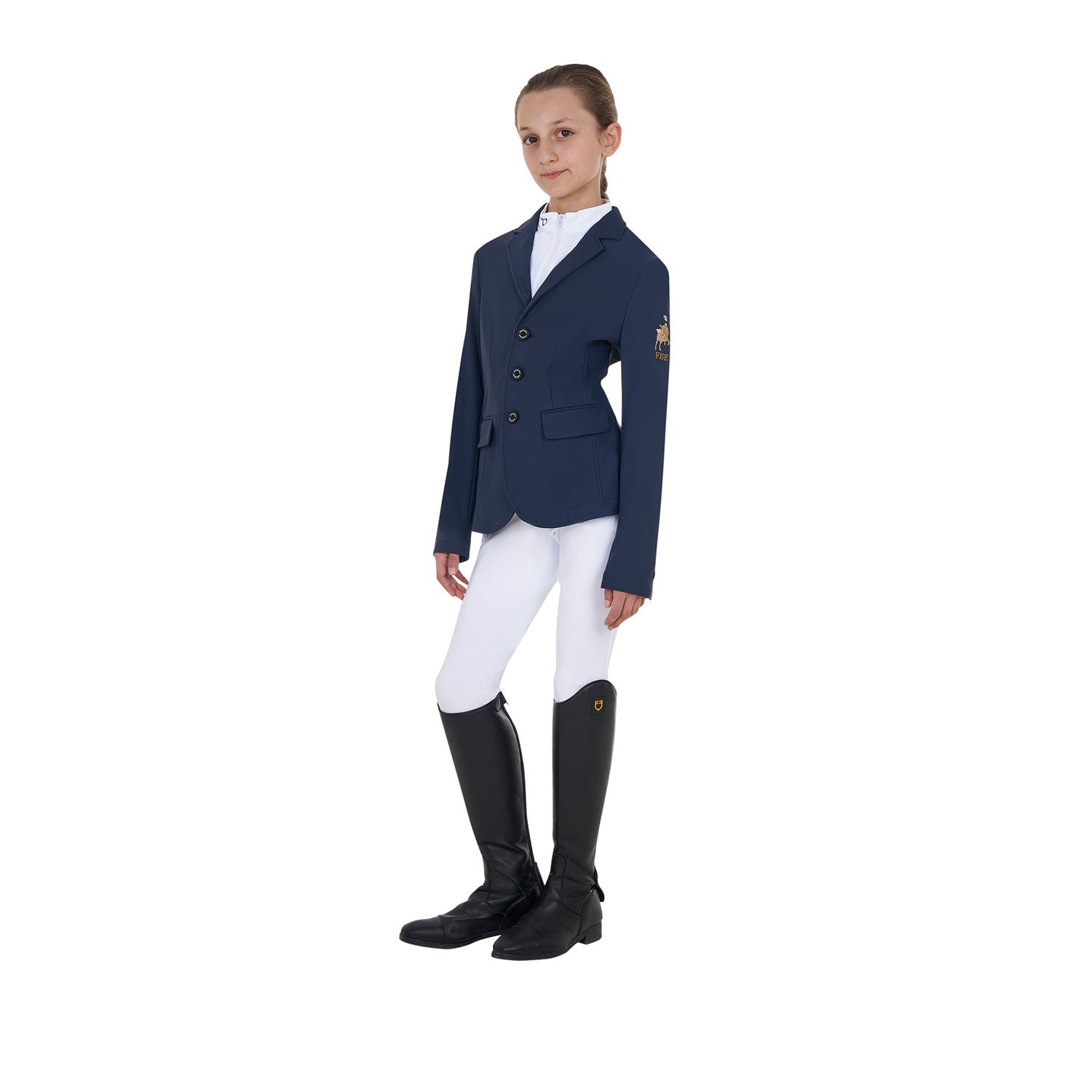 Chaqueta unisex infantil de concurso tres botones Equestro X FISE - Navy Blazer