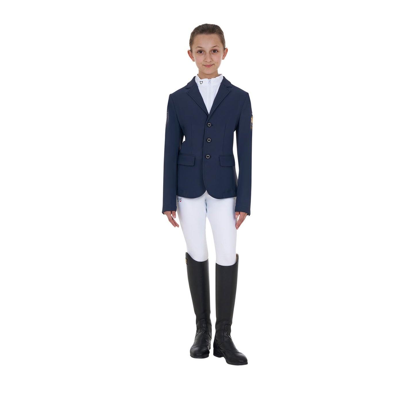 Chaqueta unisex infantil de concurso tres botones Equestro X FISE - Navy Blazer