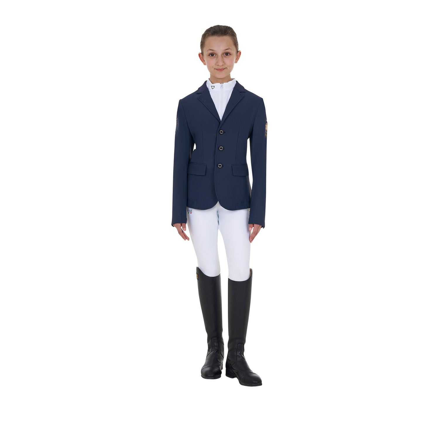 Chaqueta unisex infantil de concurso tres botones Equestro X FISE - Navy Blazer